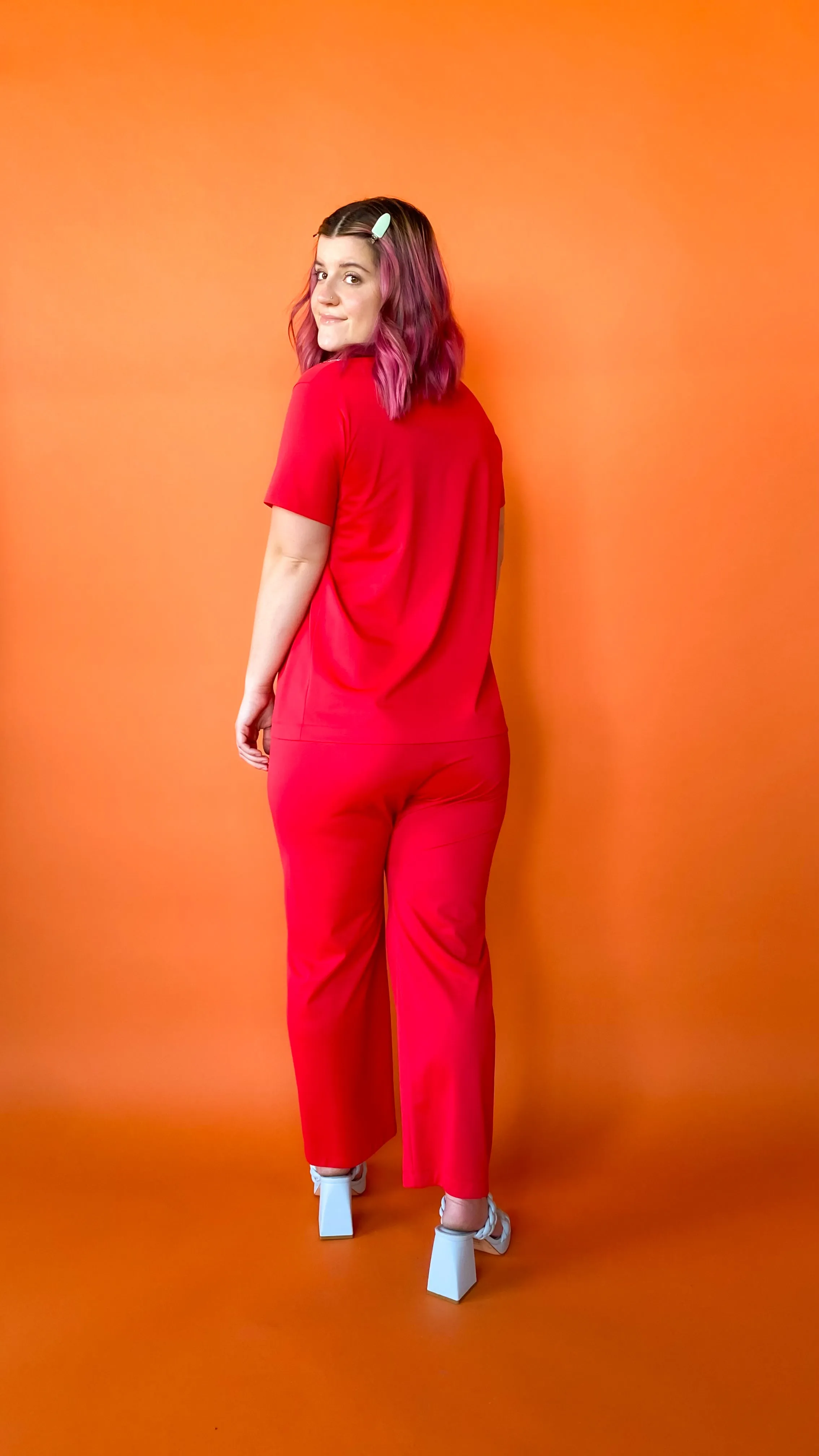 1970s Red Bibbed Shirt and Pants Set, sz. M