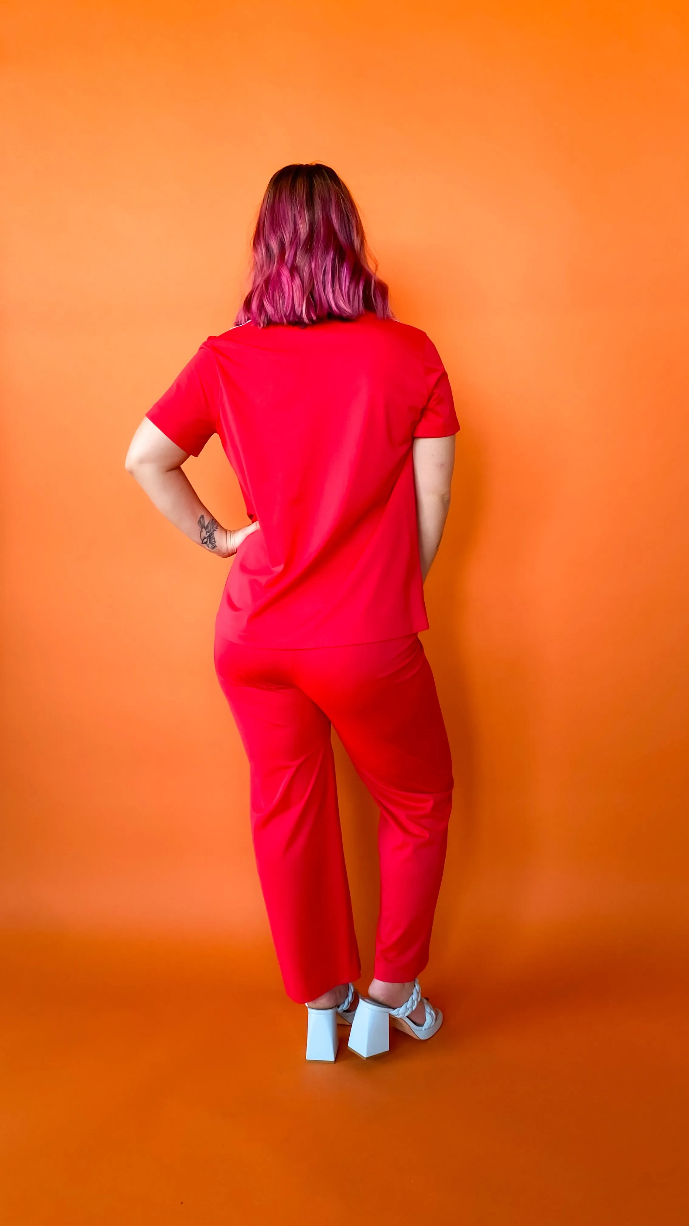 1970s Red Bibbed Shirt and Pants Set, sz. M