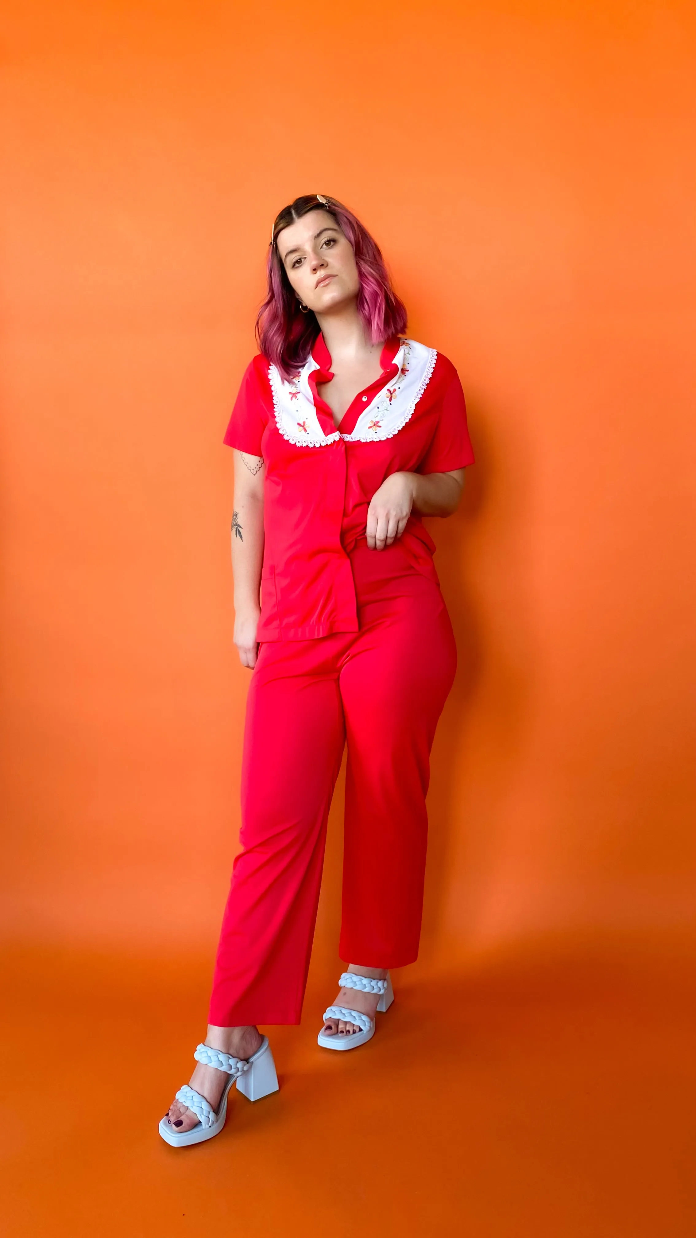 1970s Red Bibbed Shirt and Pants Set, sz. M