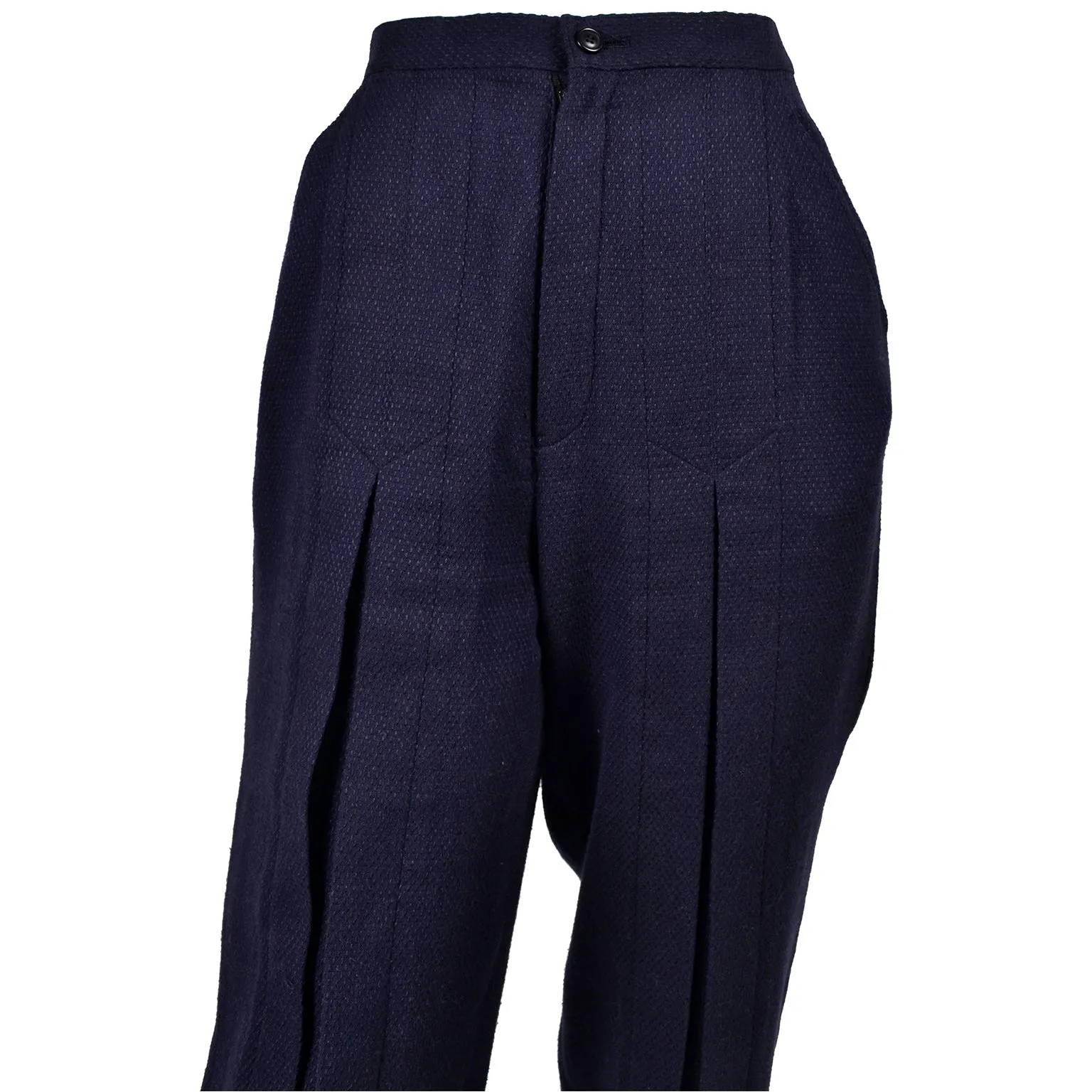 1980s Issey Miyake High Waisted Navy Blue Pants w Inverted Pleats