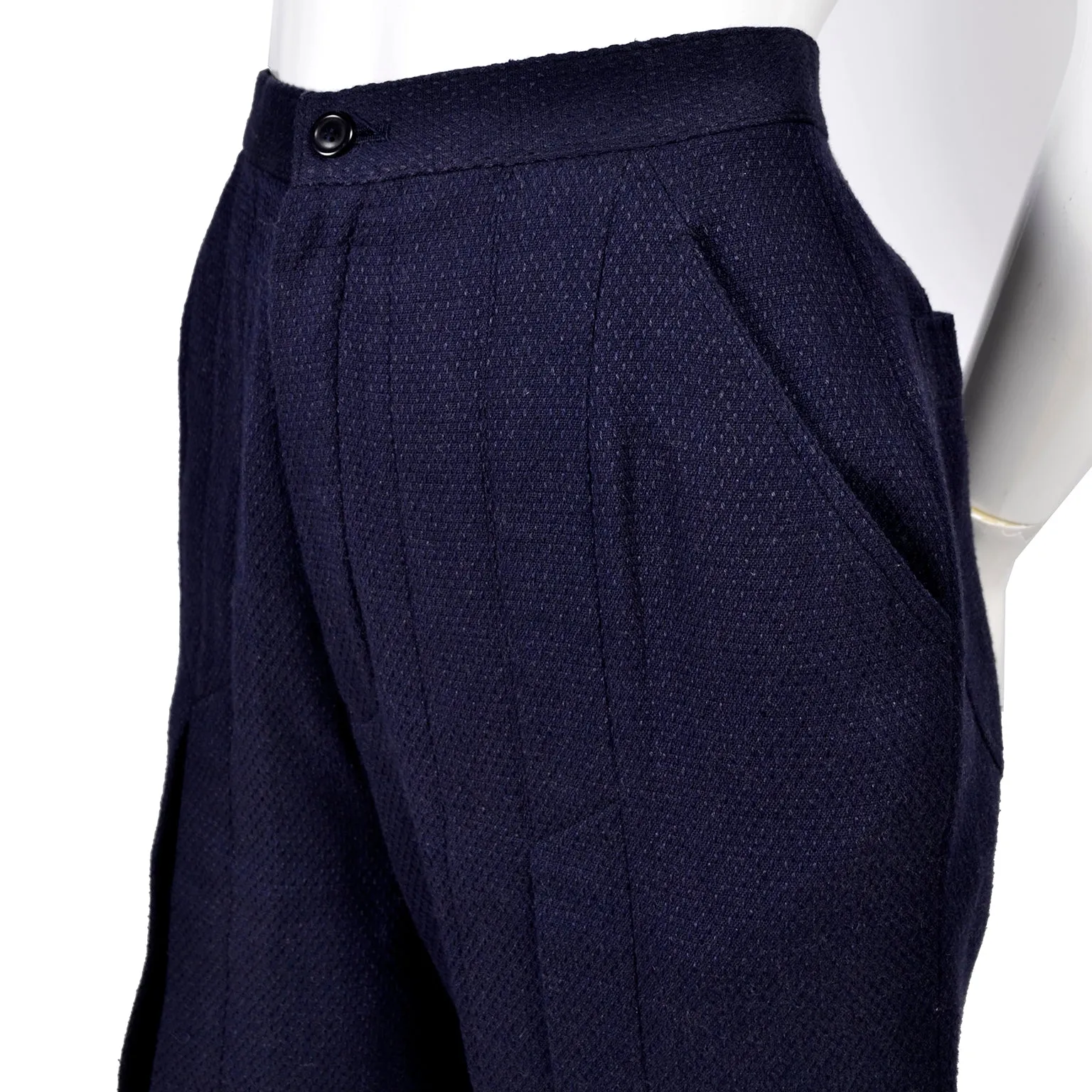 1980s Issey Miyake High Waisted Navy Blue Pants w Inverted Pleats