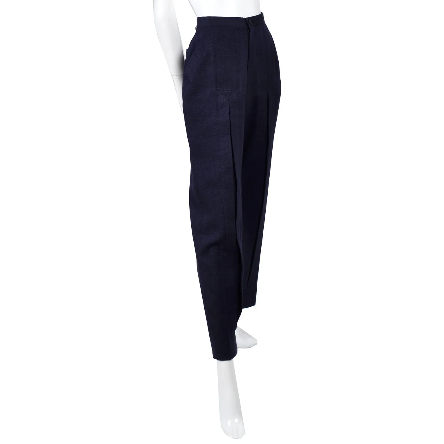 1980s Issey Miyake High Waisted Navy Blue Pants w Inverted Pleats