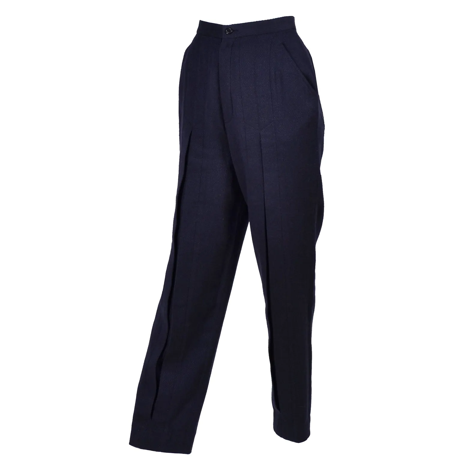 1980s Issey Miyake High Waisted Navy Blue Pants w Inverted Pleats