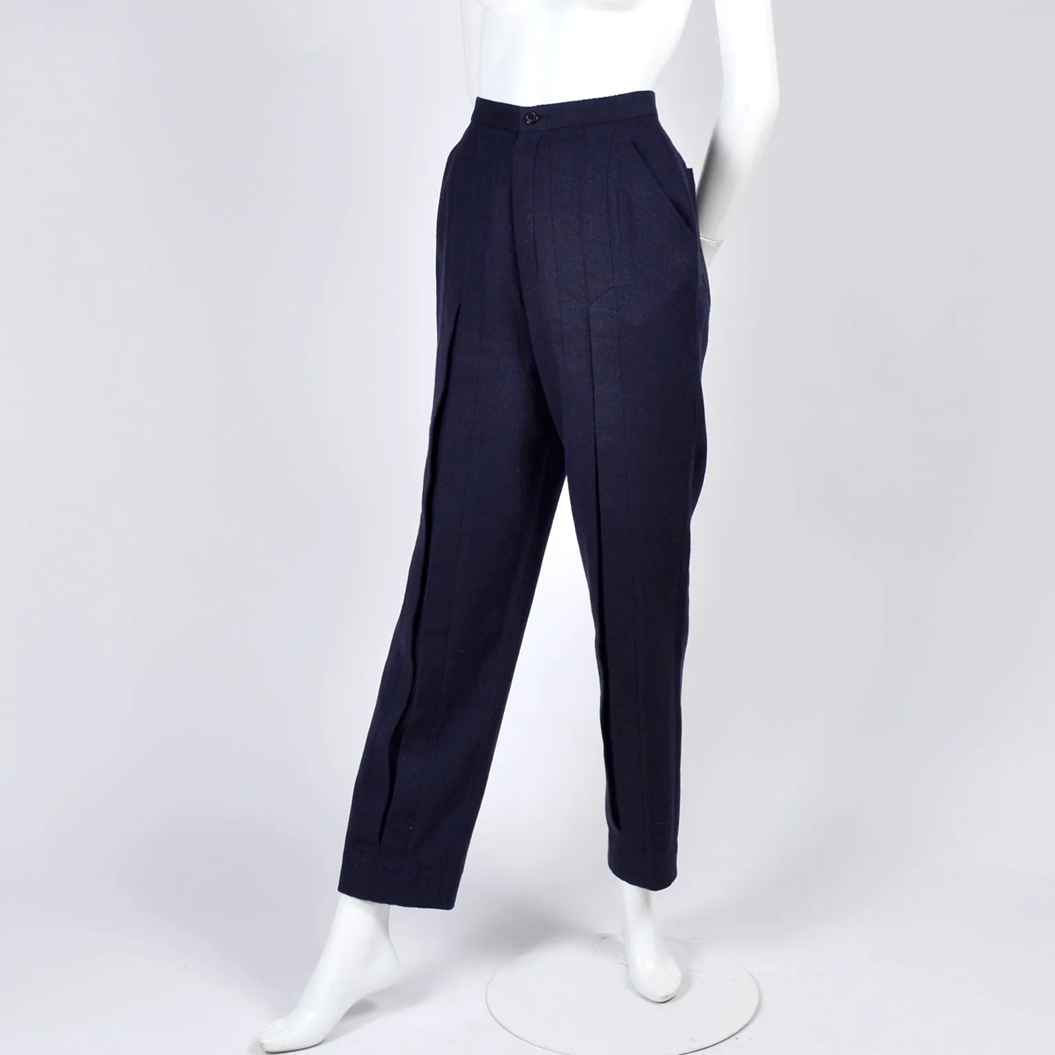 1980s Issey Miyake High Waisted Navy Blue Pants w Inverted Pleats