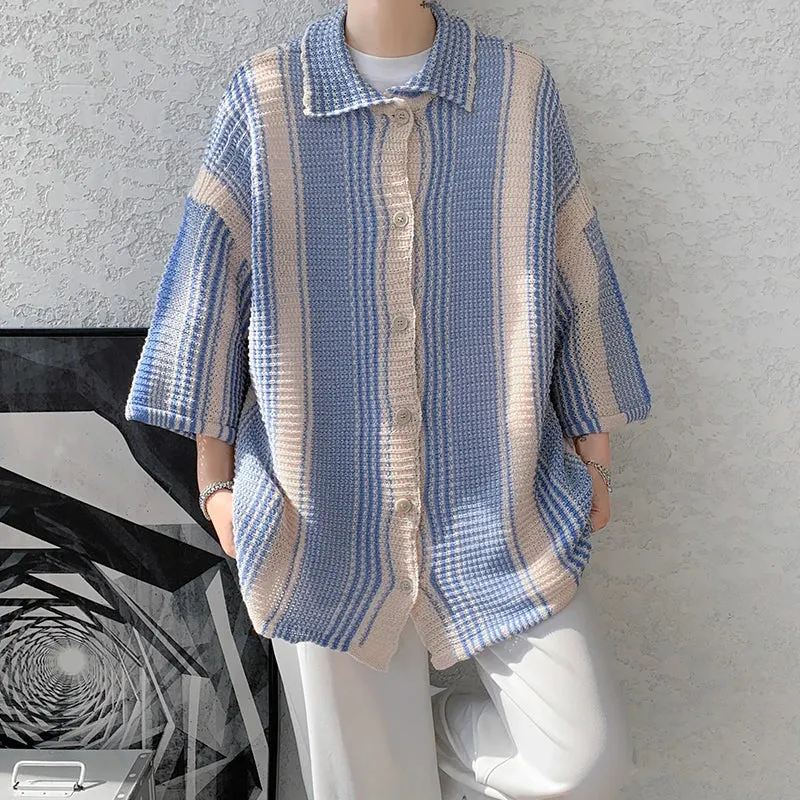 Bonsir Vintage Half Sleeve Knitted Shirts Men Summer Casual Breathable Knit Tops Mens Fashion Blouse