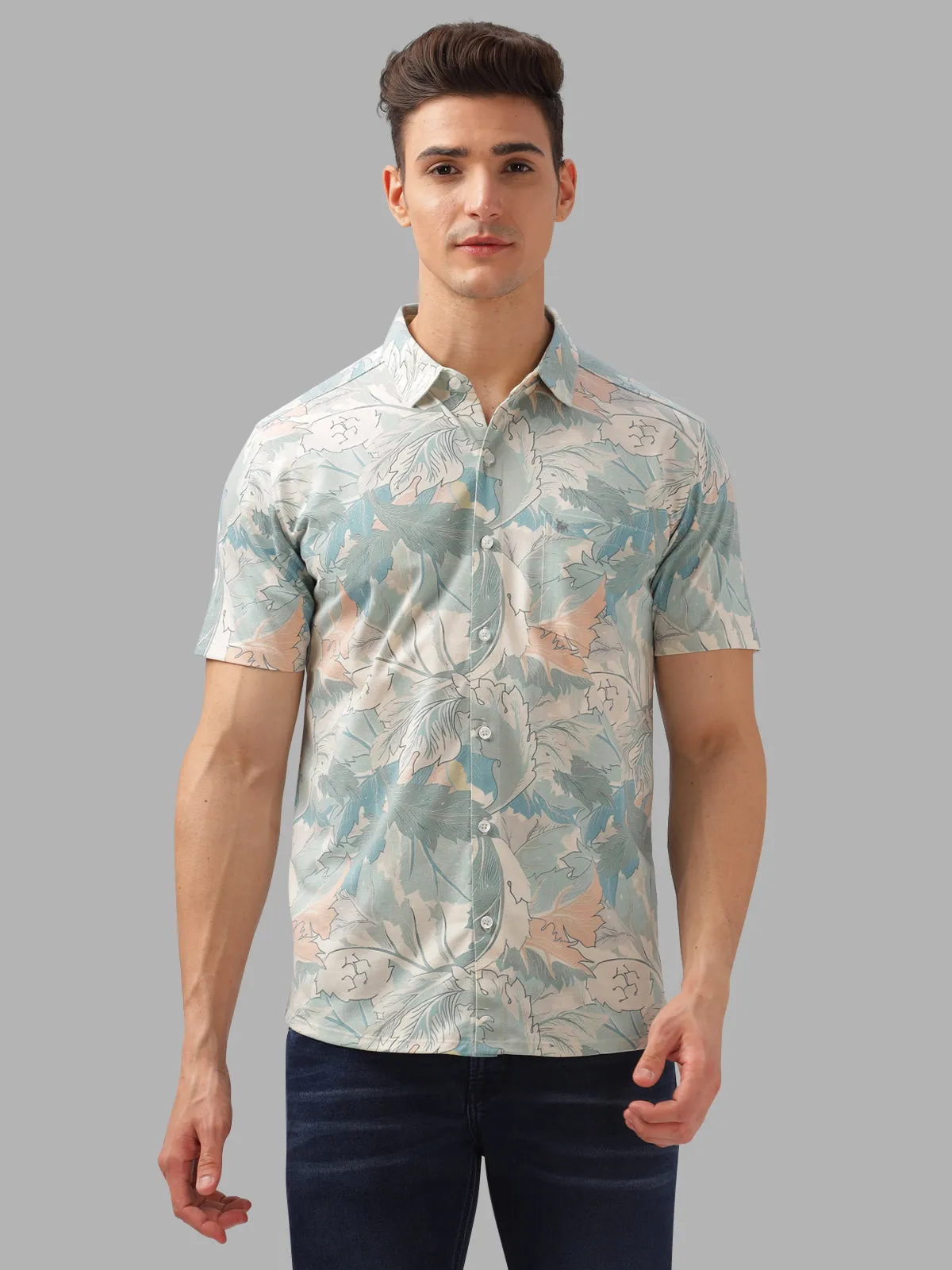 BULLMER Green Trendy Regular Fit Printed Causal Half sleeve Shirt For Men