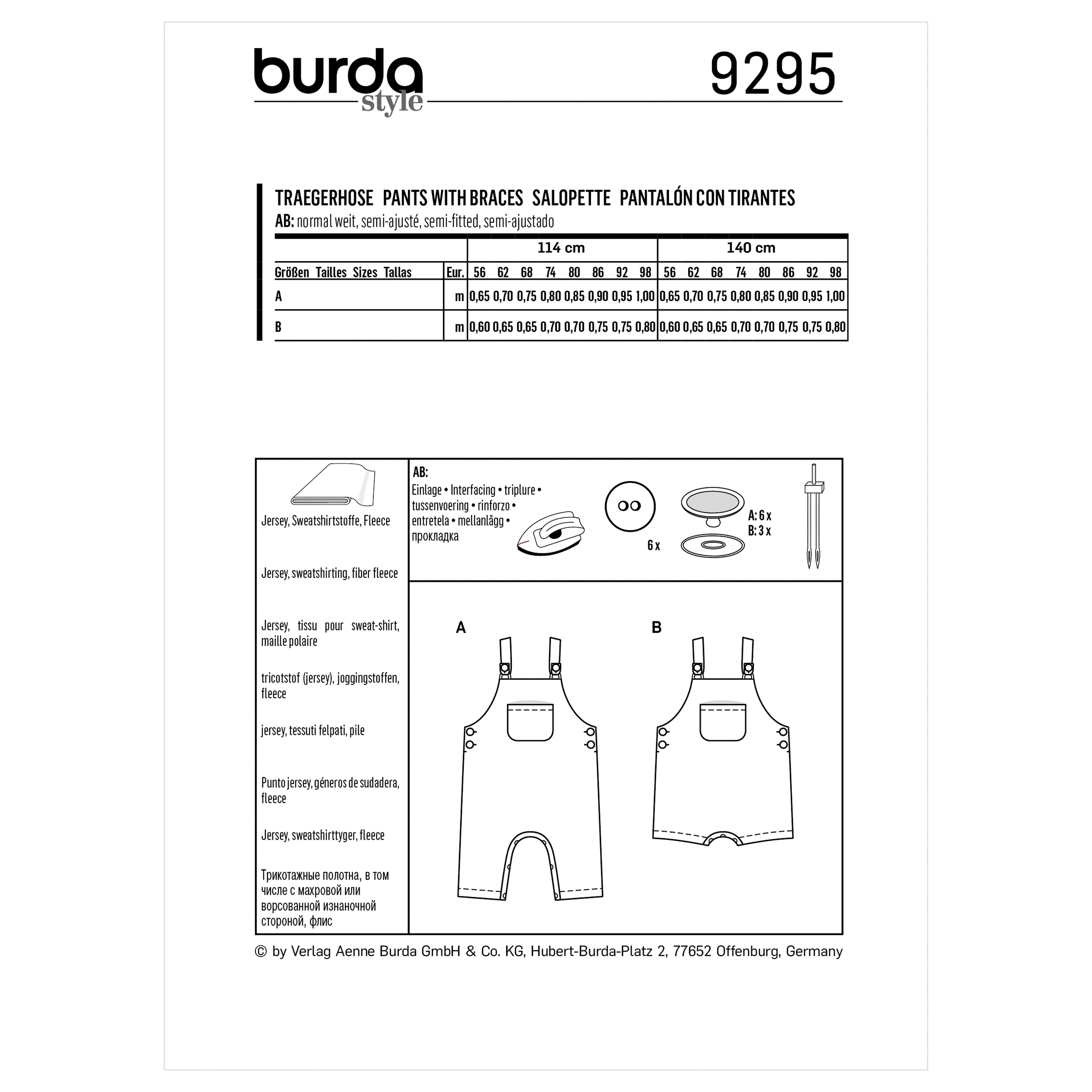 Burda Pattern 9295 Babies' Bibbed trousers or pants – Overalls with straps