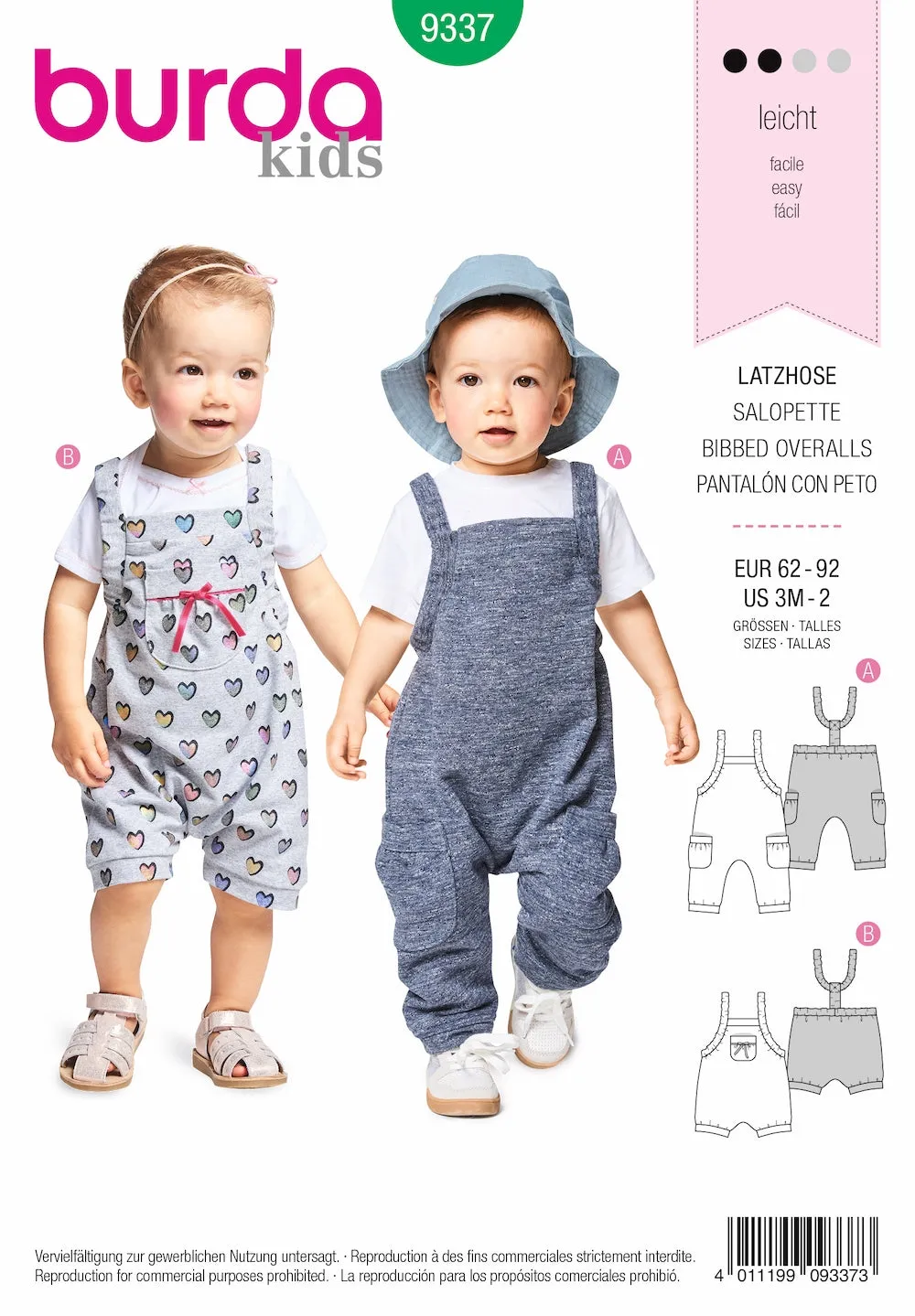 Burda Pattern 9337 Babies' Bibbed Trousers (3M-2M)