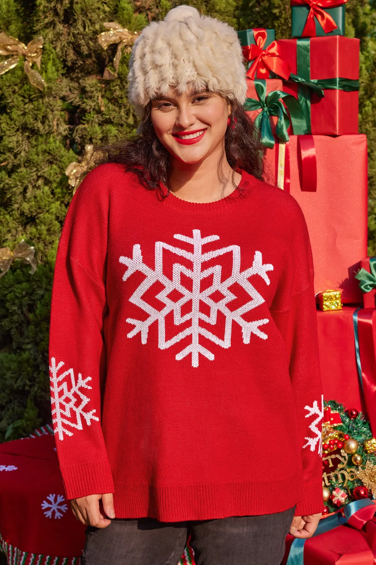 Christmas Red Snowflake Crew Neck Sweater