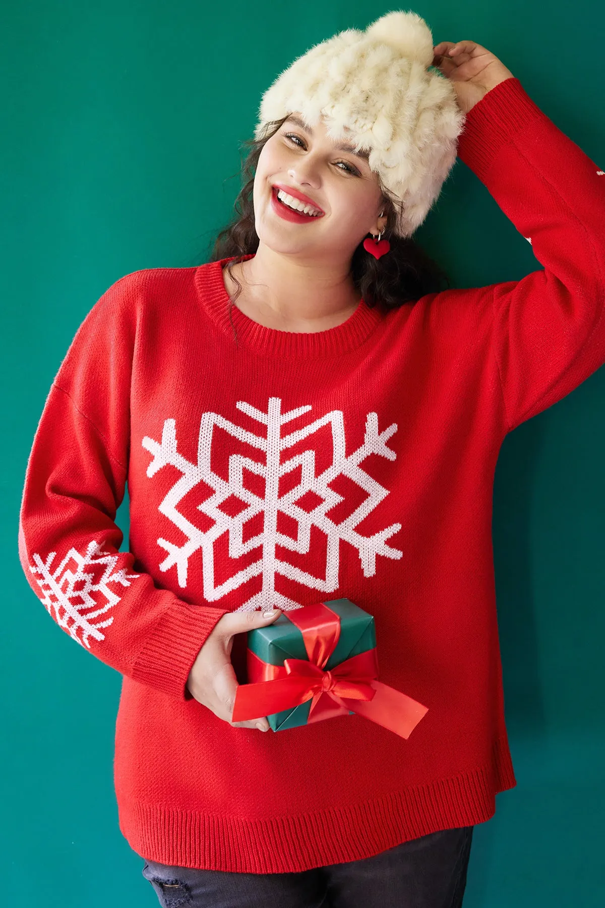 Christmas Red Snowflake Crew Neck Sweater