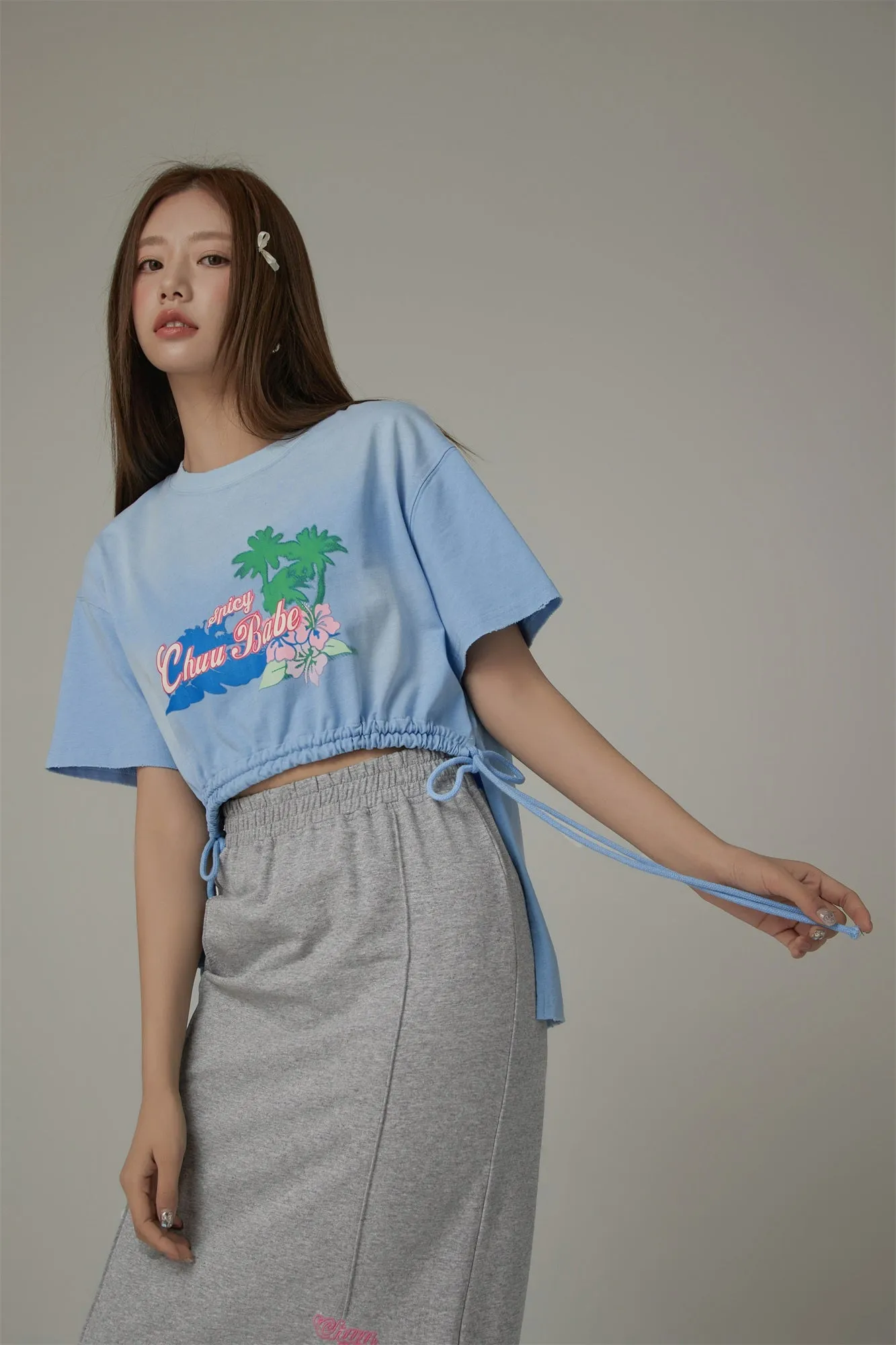 Chuu Babe Tropical Printed Design Strings Cropped T-Shirt