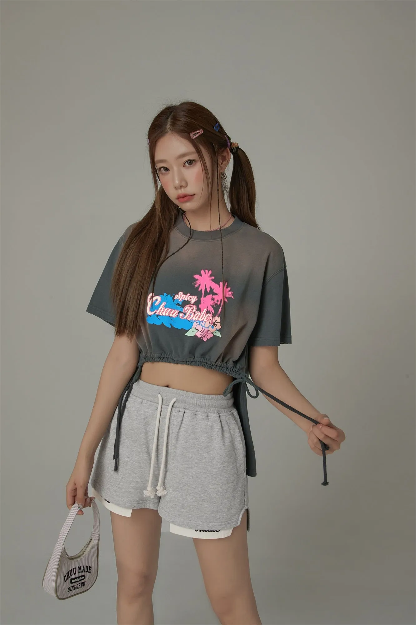 Chuu Babe Tropical Printed Design Strings Cropped T-Shirt