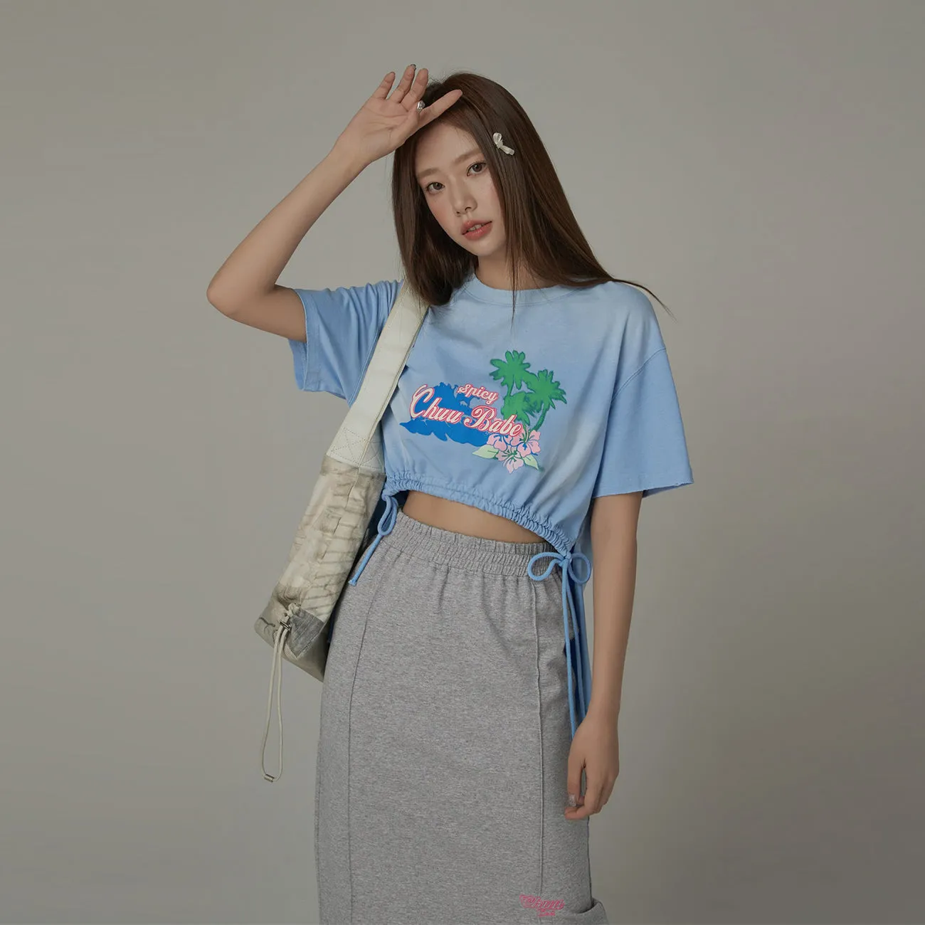 Chuu Babe Tropical Printed Design Strings Cropped T-Shirt