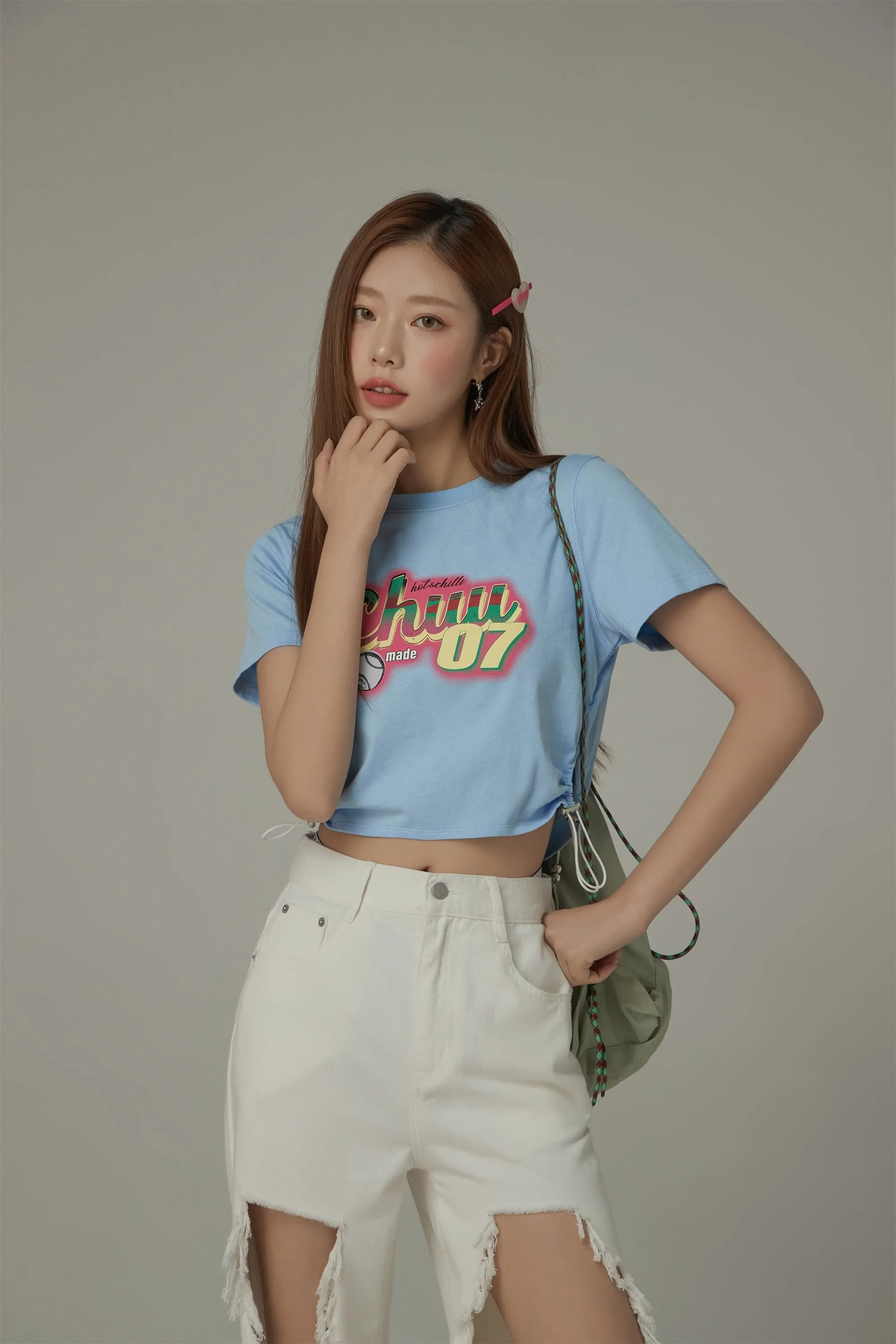 Chuu Lettering Sporty String Crop Short Sleeve T-Shirt