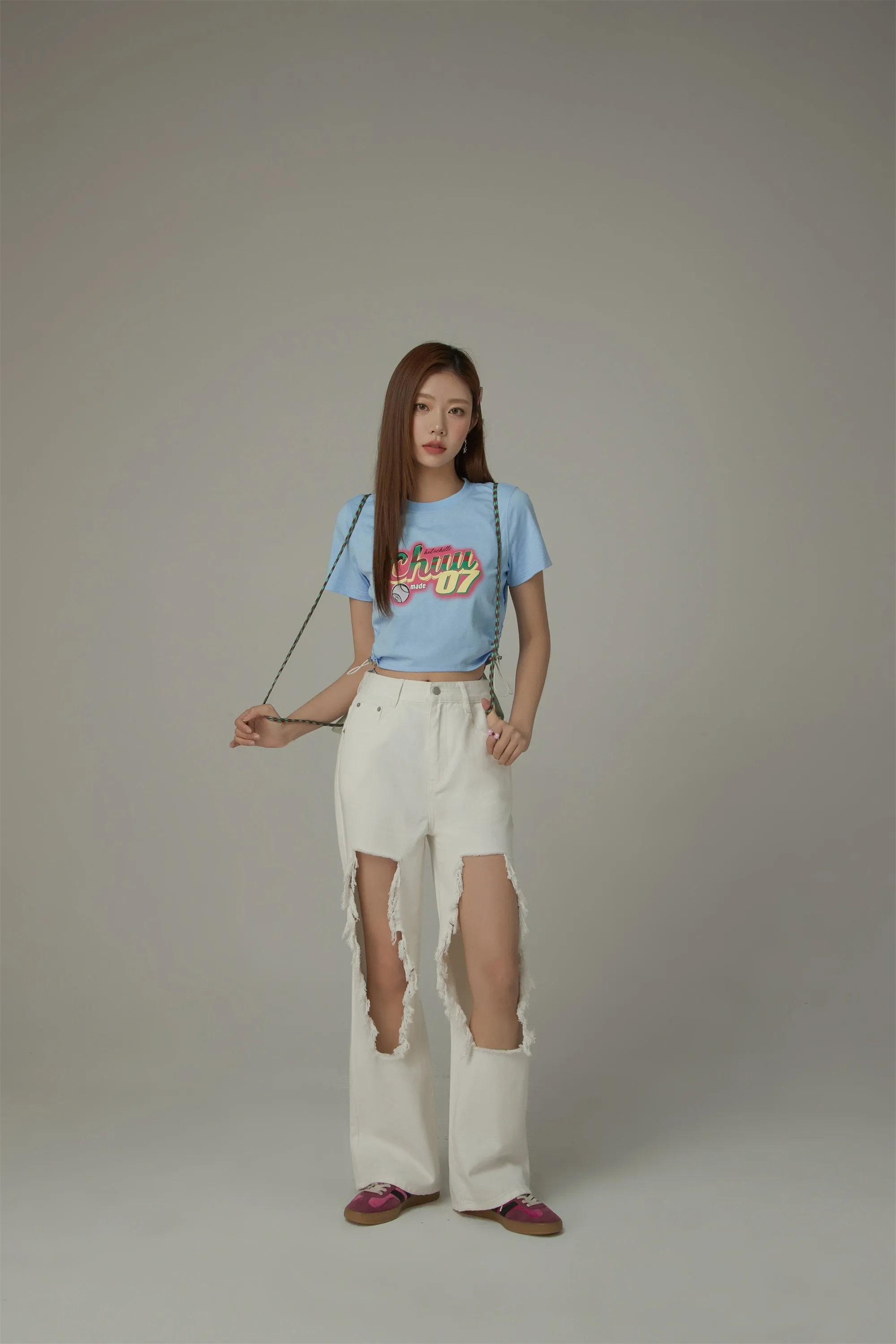 Chuu Lettering Sporty String Crop Short Sleeve T-Shirt