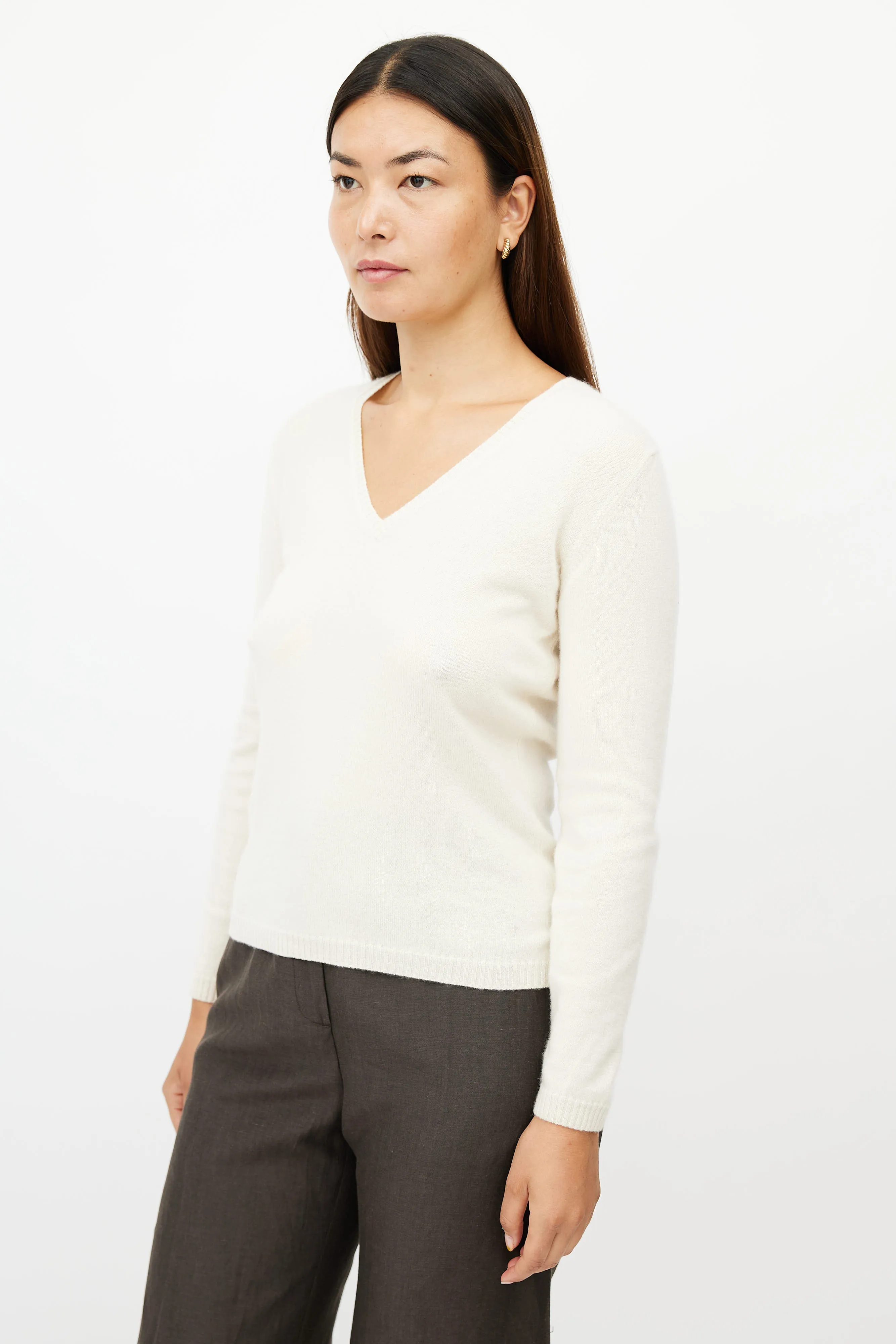 Cream Cashmere V-Neck Sweater