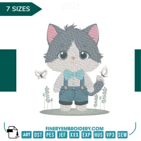 Cute Kitten in Overalls Embroidery Design - 7 Sizes | FineryEmbroidery