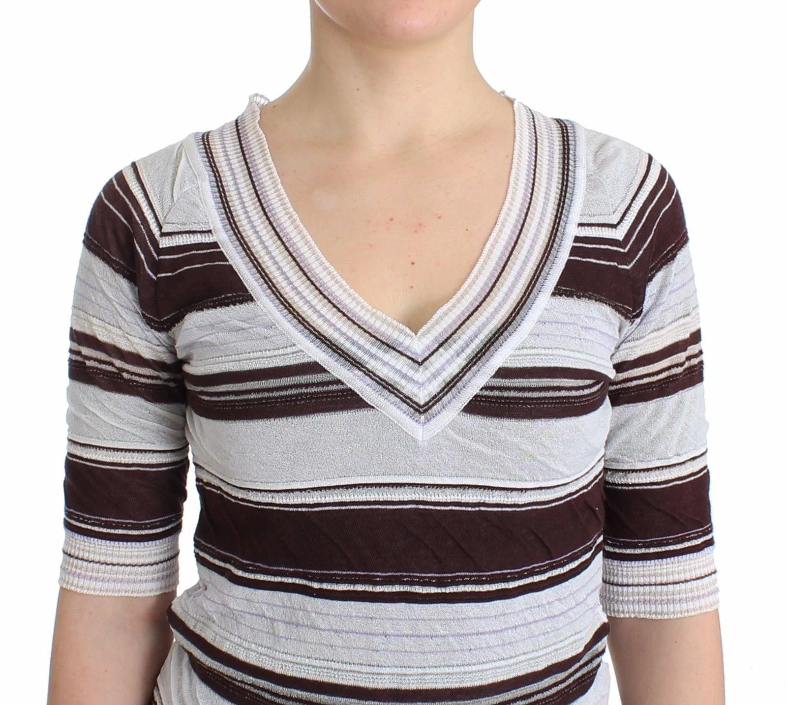 Ermanno Scervino Striped Lace V-Neck Short Sleeve Top Sweater