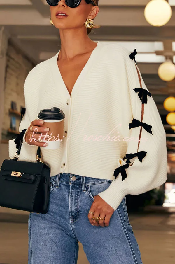 Fashionable V-neck Long-sleeved Bow-knotted Knitted Cardigan