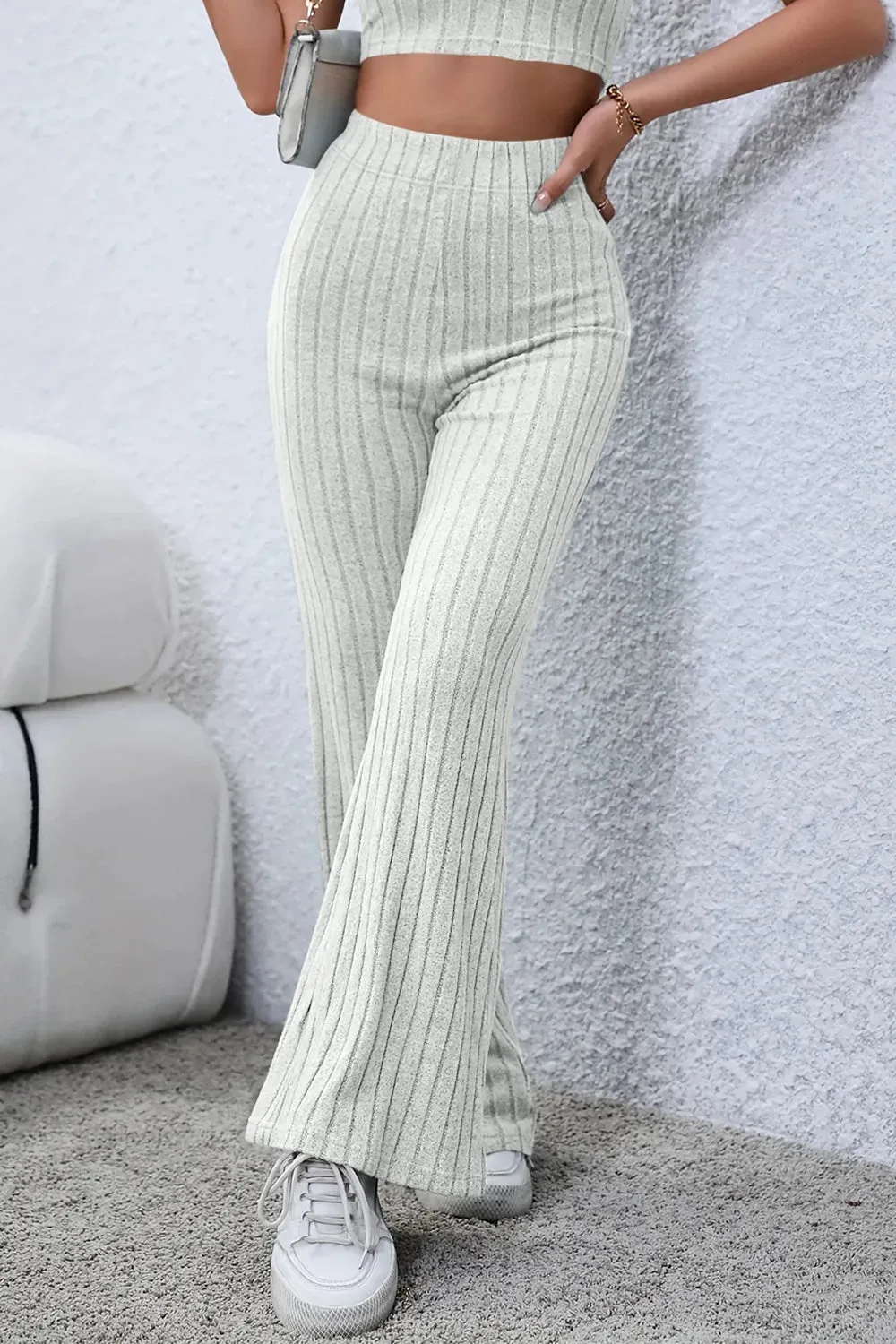 Full Size Ribbed High Waist Flare Pants