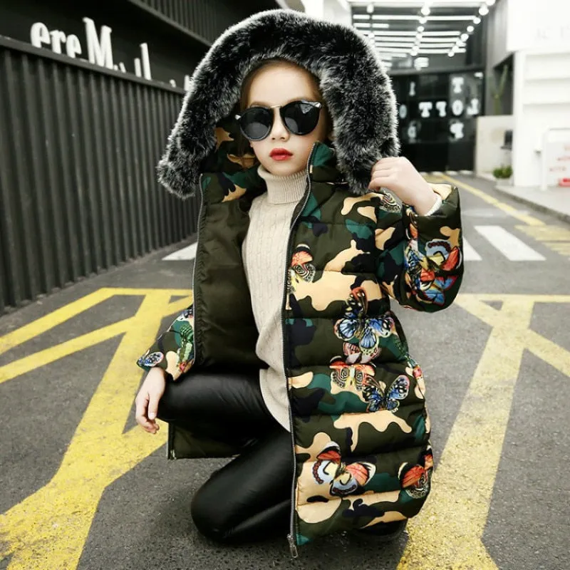 Girl Winter Jacket Cotton-padded Camouflage Printed Thick Clothes