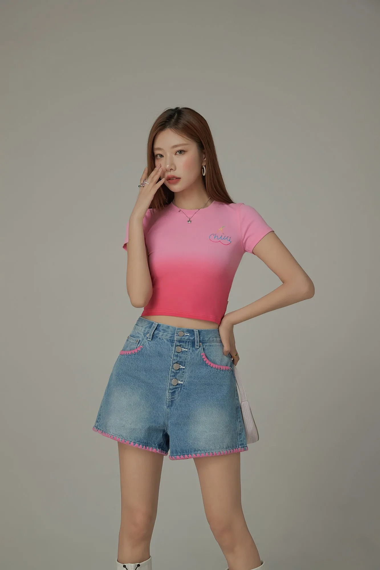 Gradient Round Neck Slim Short-Sleeved Cropped T-Shirt