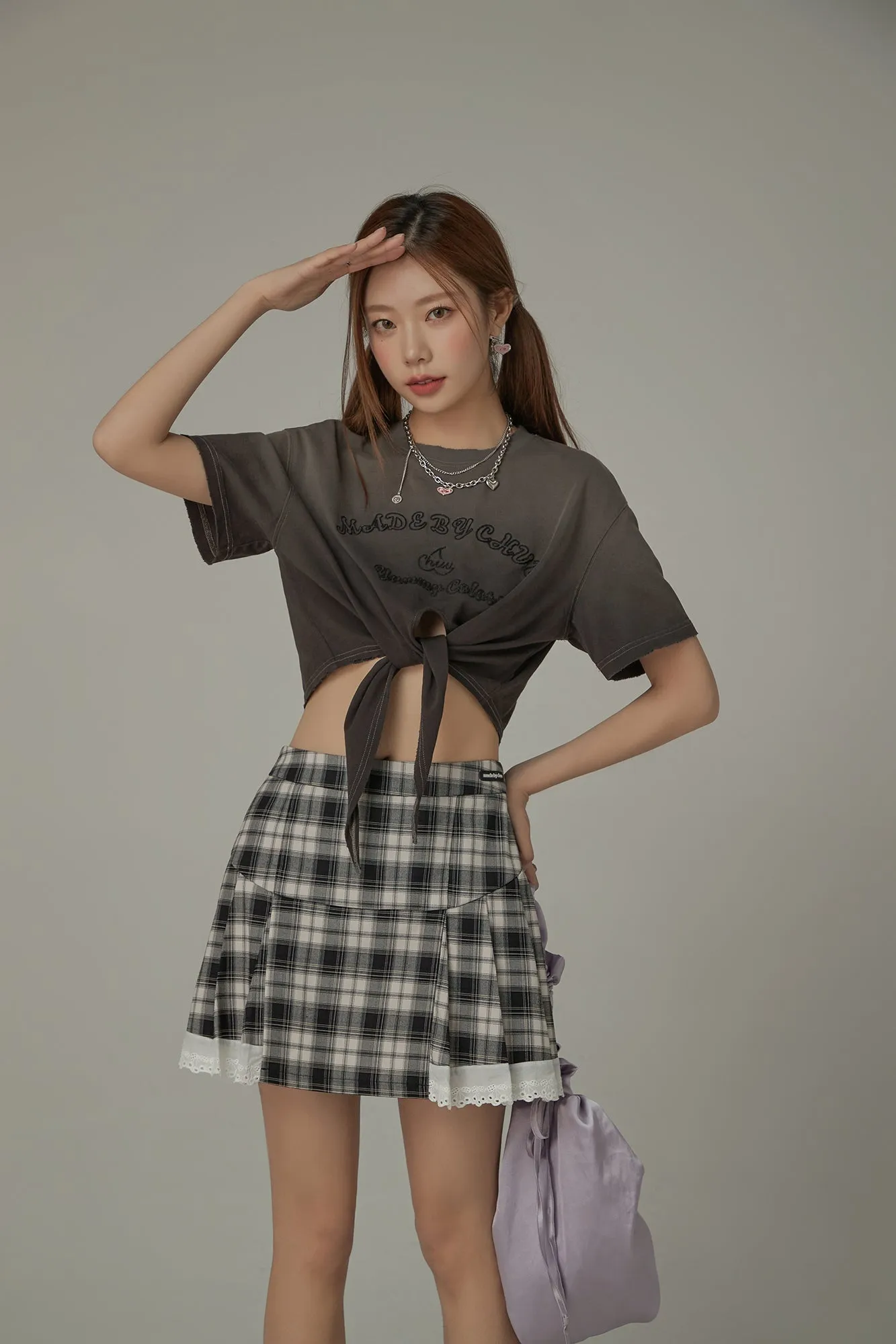 Gradient Short Sleeve Ribbon Tie Up Crop T-Shirt