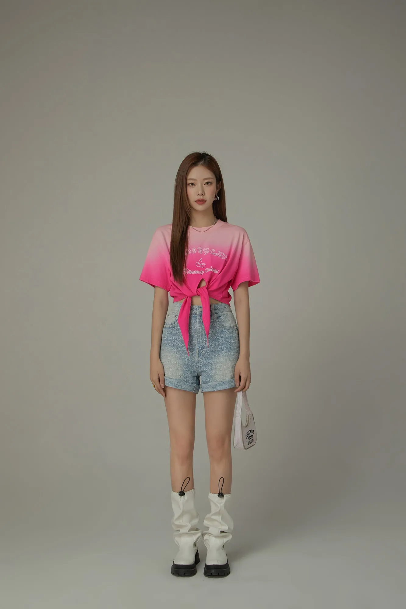 Gradient Short Sleeve Ribbon Tie Up Crop T-Shirt