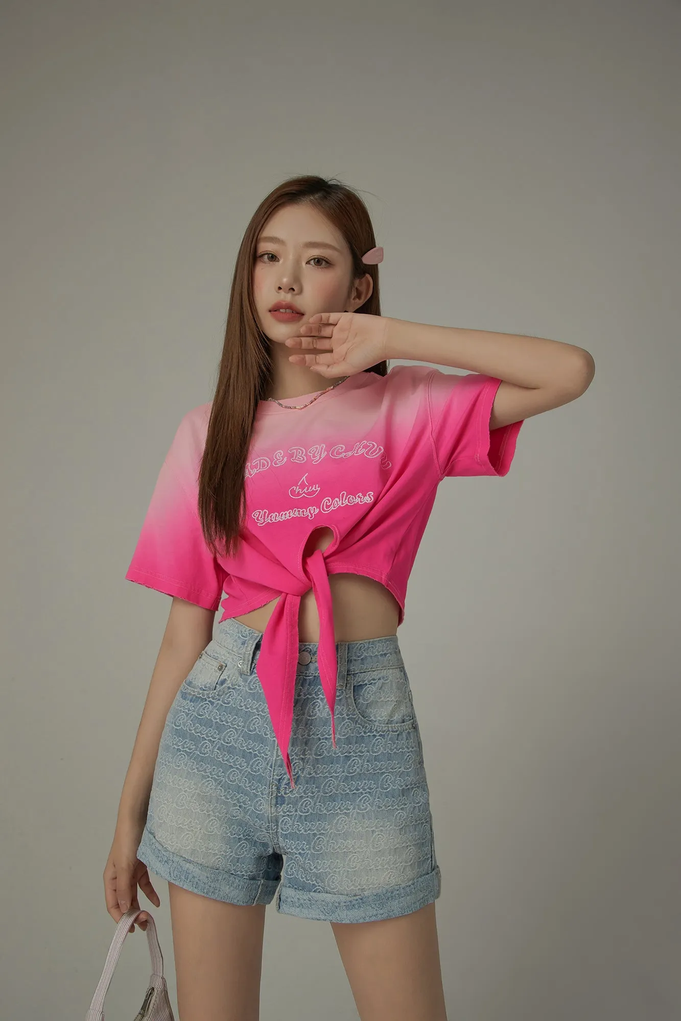 Gradient Short Sleeve Ribbon Tie Up Crop T-Shirt