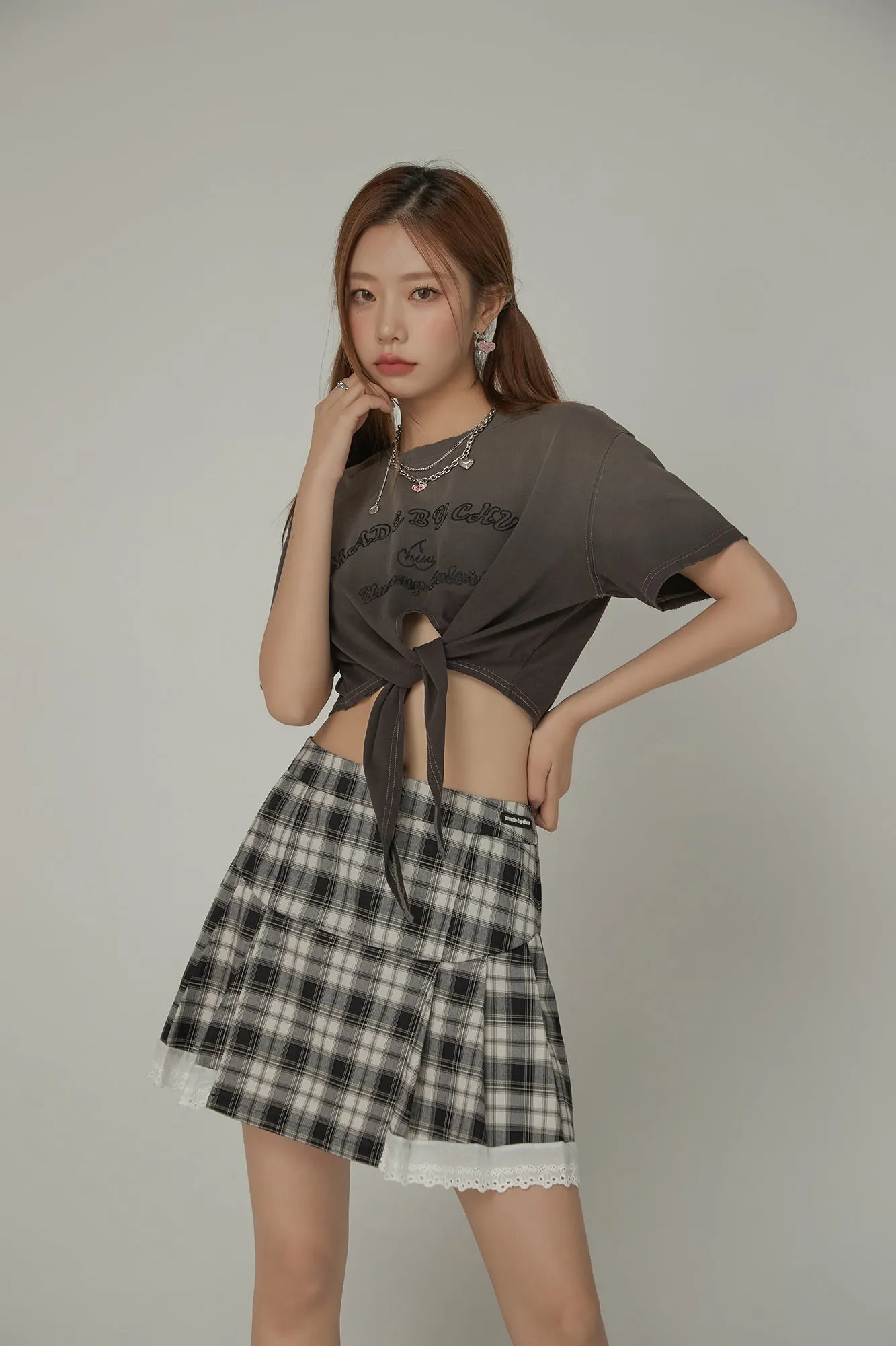 Gradient Short Sleeve Ribbon Tie Up Crop T-Shirt