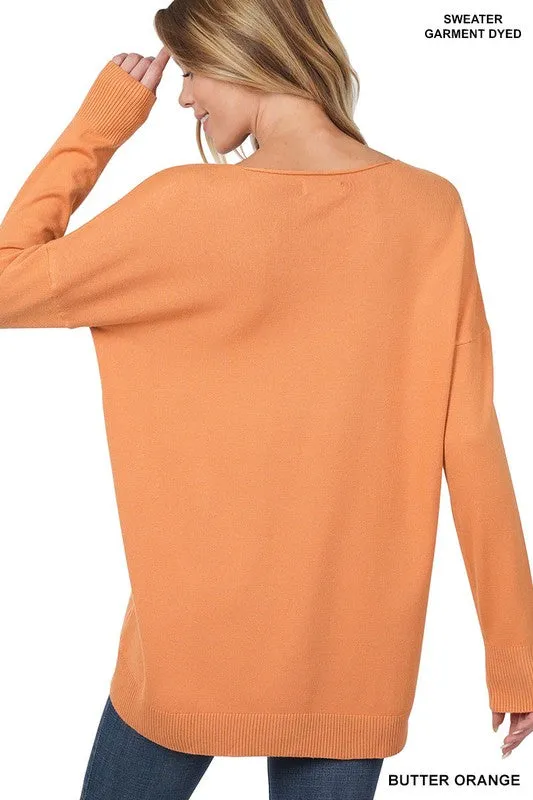 Hi-Low Garment Dyed V-Neck Front Seam Sweater - online exclusive