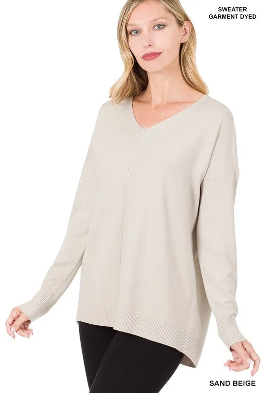 Hi-Low Garment Dyed V-Neck Front Seam Sweater - online exclusive