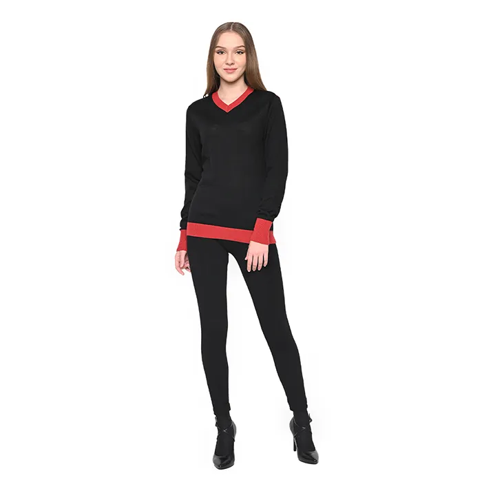 Ladies V Neck Sweater W Contrast Cuff