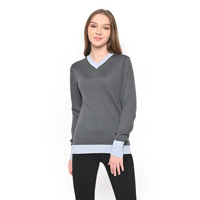 Ladies V Neck Sweater W Contrast Cuff