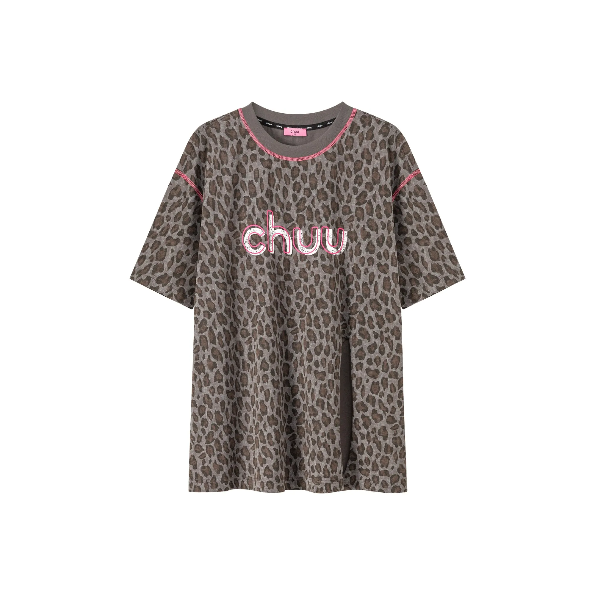 Leopard Side Slit Lettering Loose Fit Mid Length T-Shirt