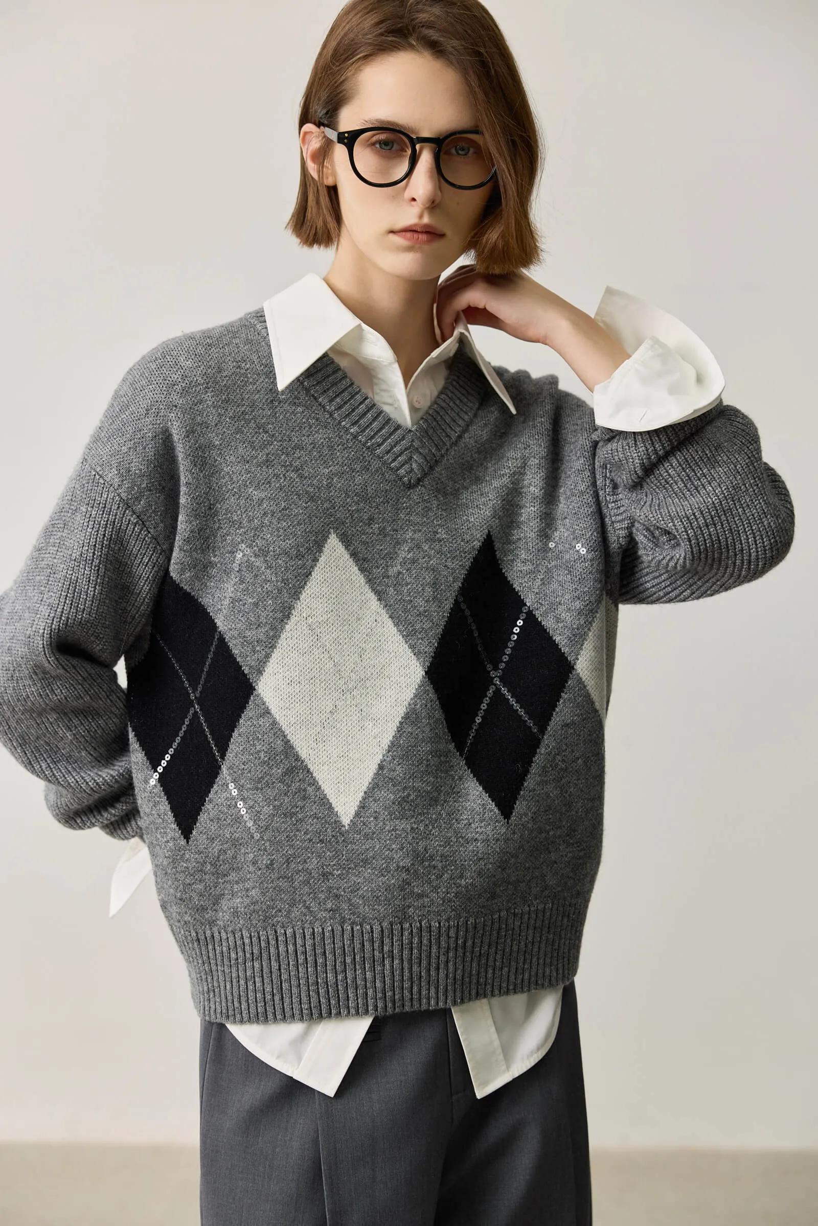 LILY Wool-Blend Grey Plaid Sweater