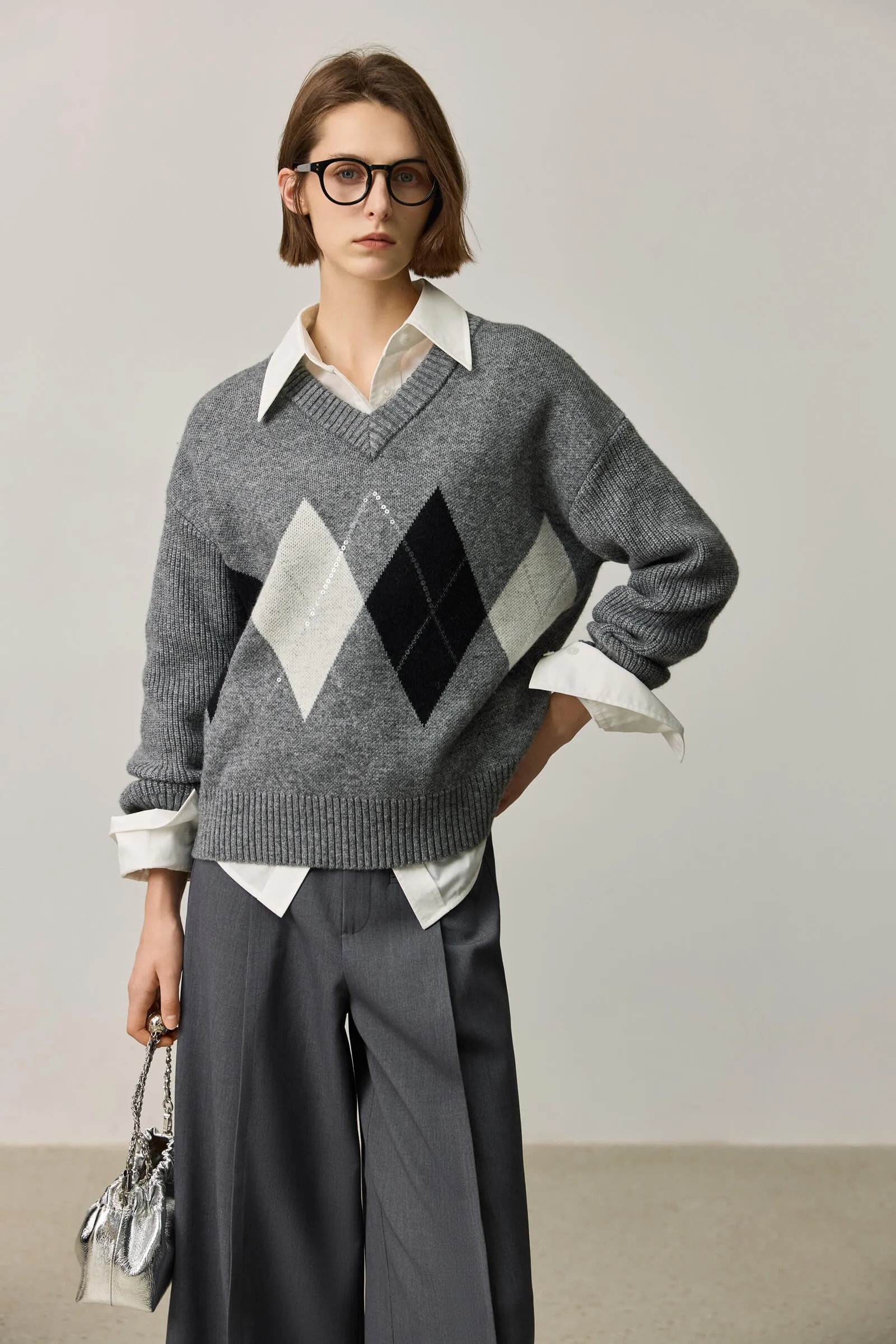 LILY Wool-Blend Grey Plaid Sweater