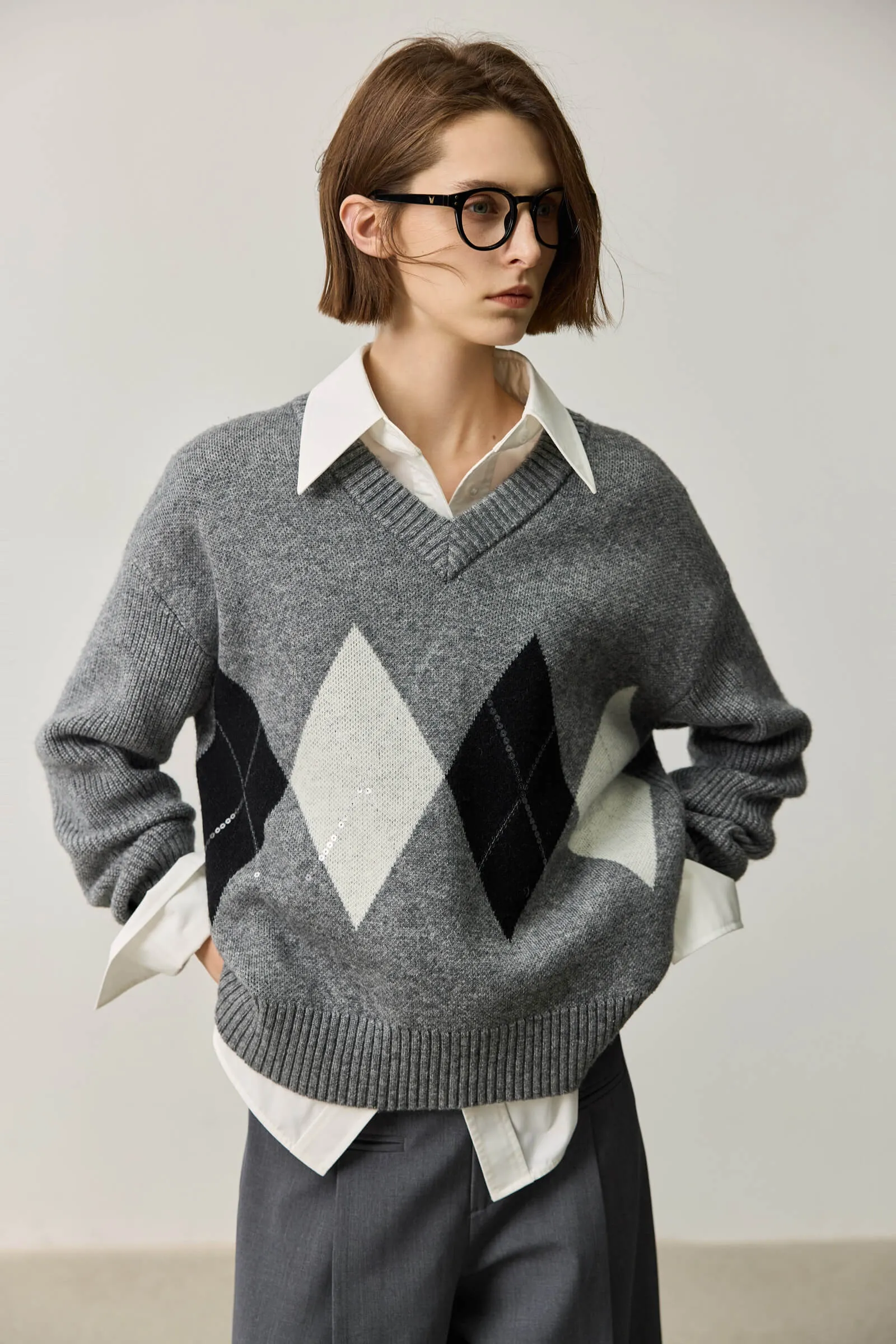 LILY Wool-Blend Grey Plaid Sweater