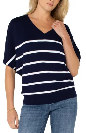 Liverpool Short Sleeve Dolman V-neck Sweater (Navy White Stripe)