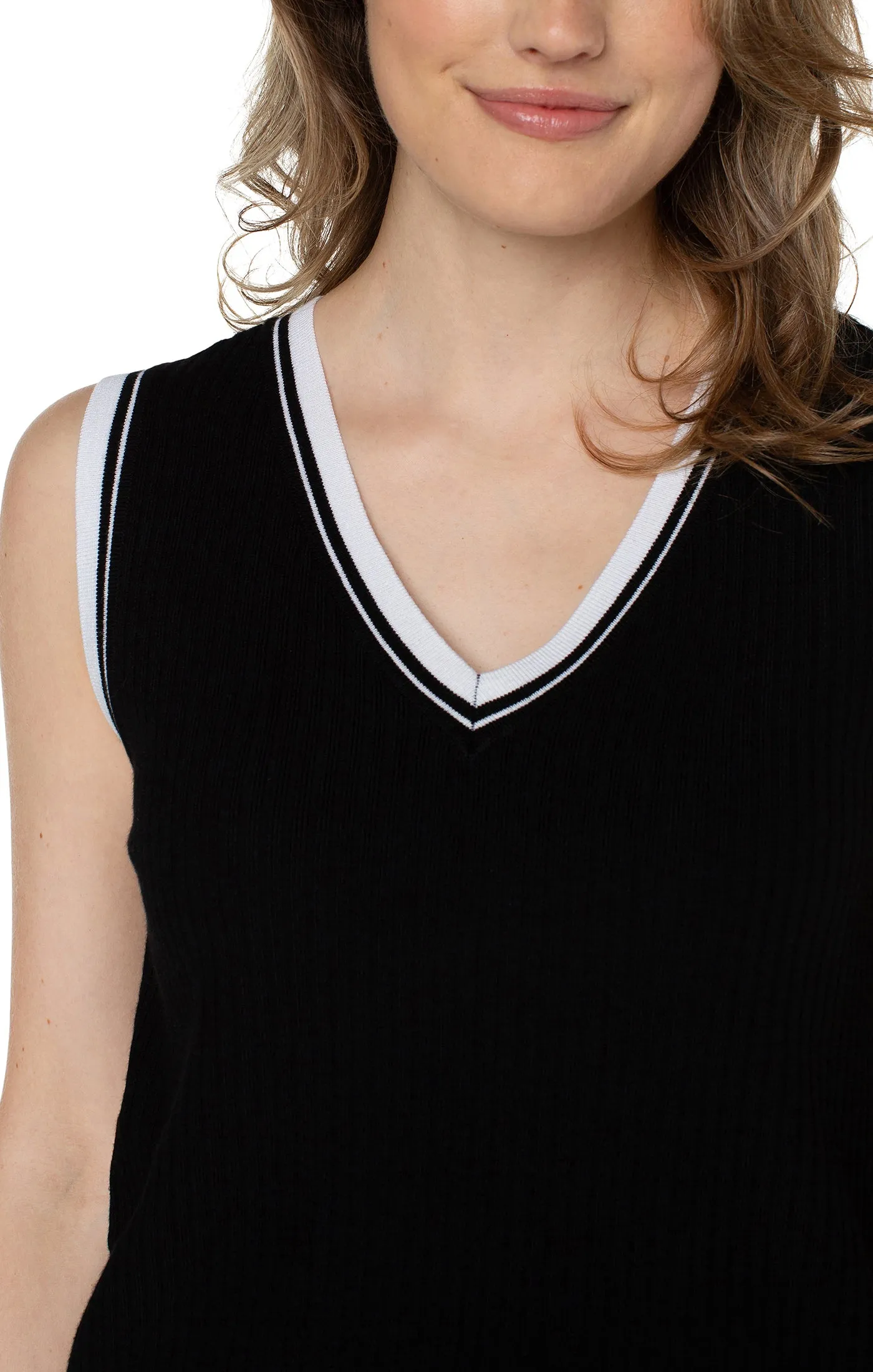 Liverpool Sleeveless V-Neck Sweater with Novelty Rib Trim (black and white contrast)