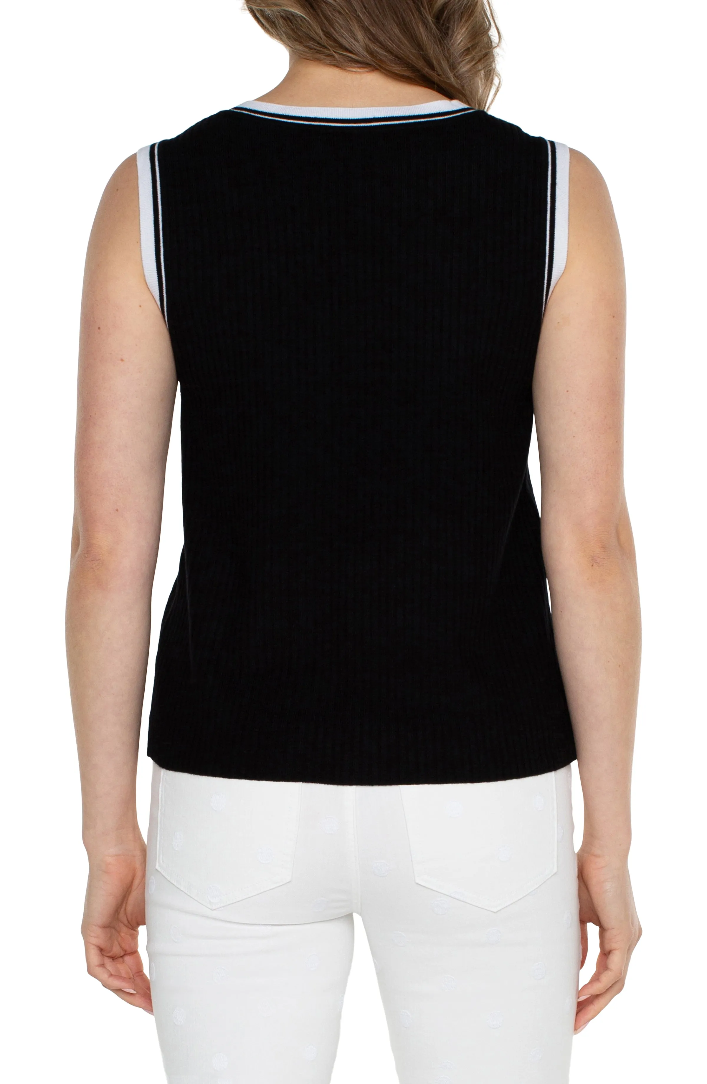 Liverpool Sleeveless V-Neck Sweater with Novelty Rib Trim (black and white contrast)