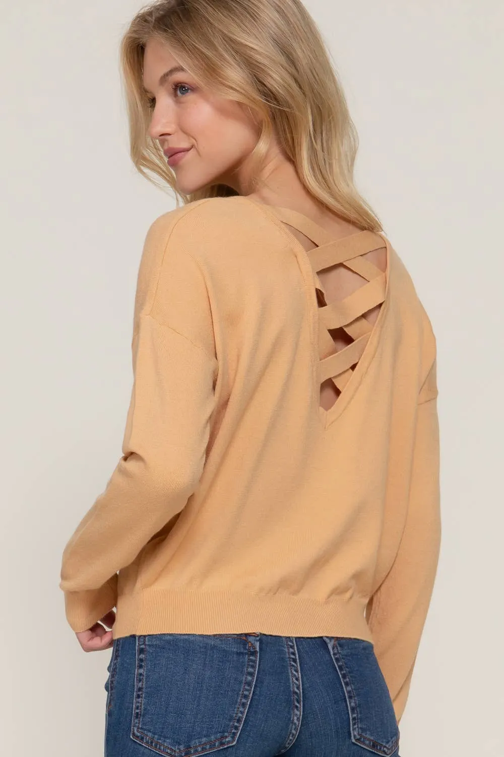 Long Sleeve V-neck Back Cross Strap Sweater