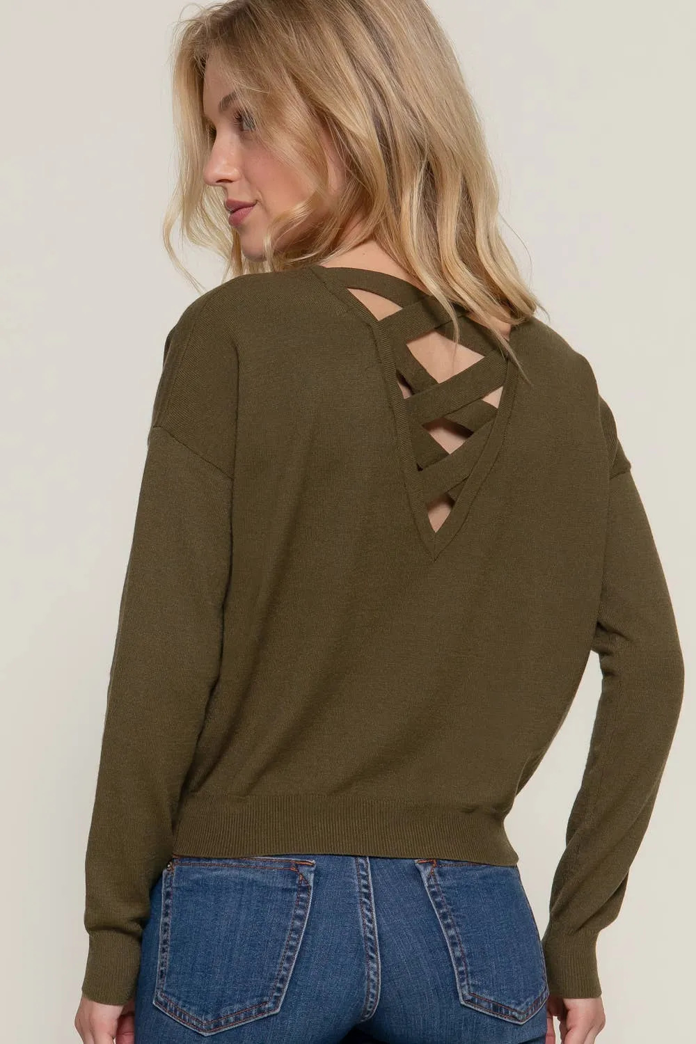 Long Sleeve V-neck Back Cross Strap Sweater