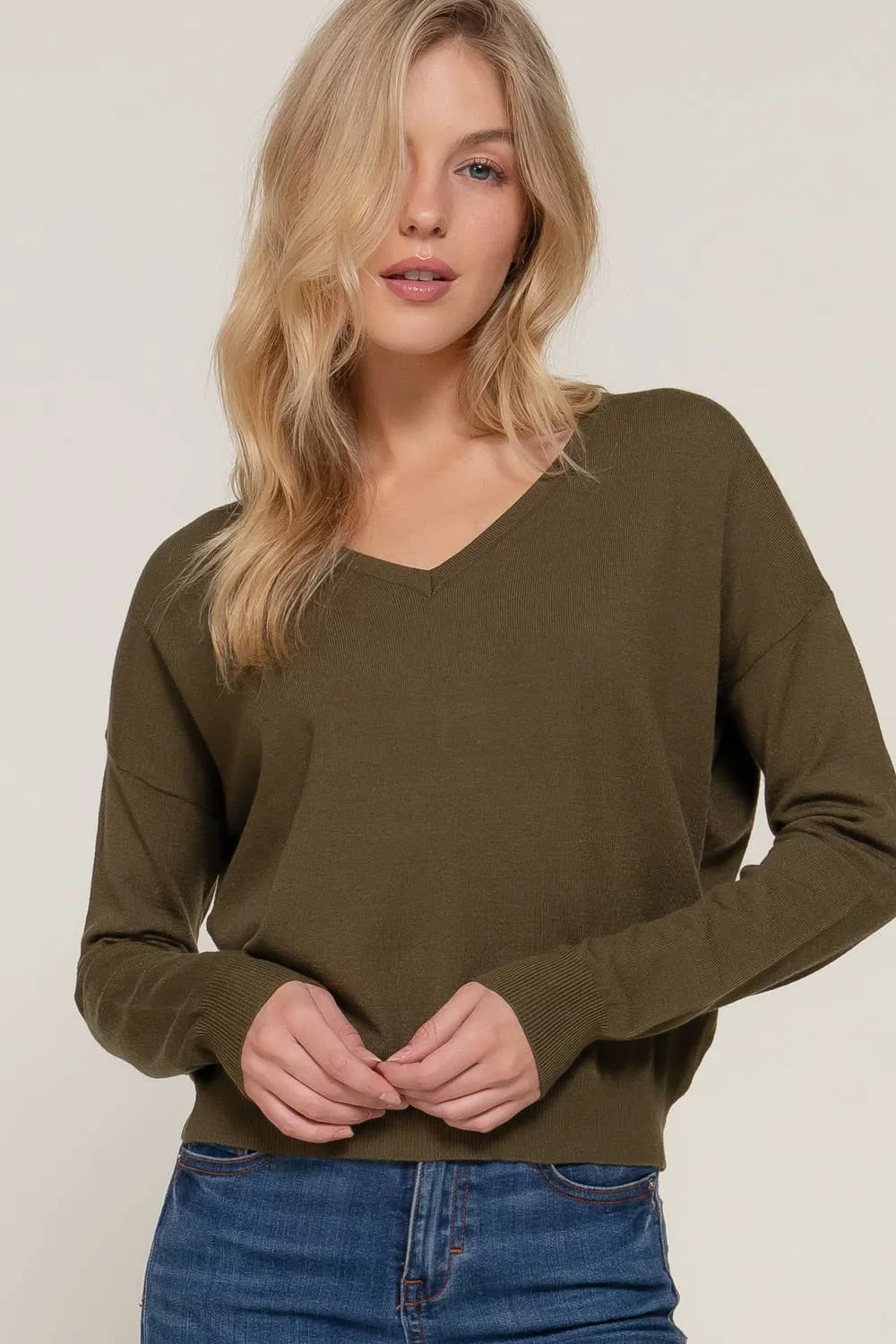 Long Sleeve V-neck Back Cross Strap Sweater