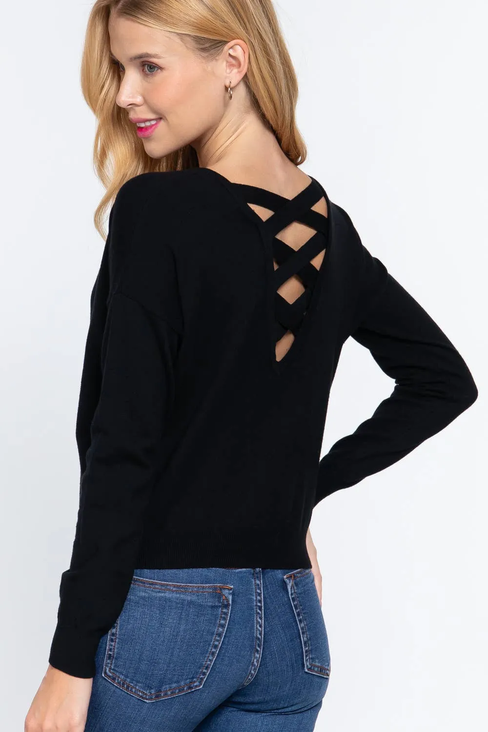 Long Sleeve V-neck Back Cross Strap Sweater