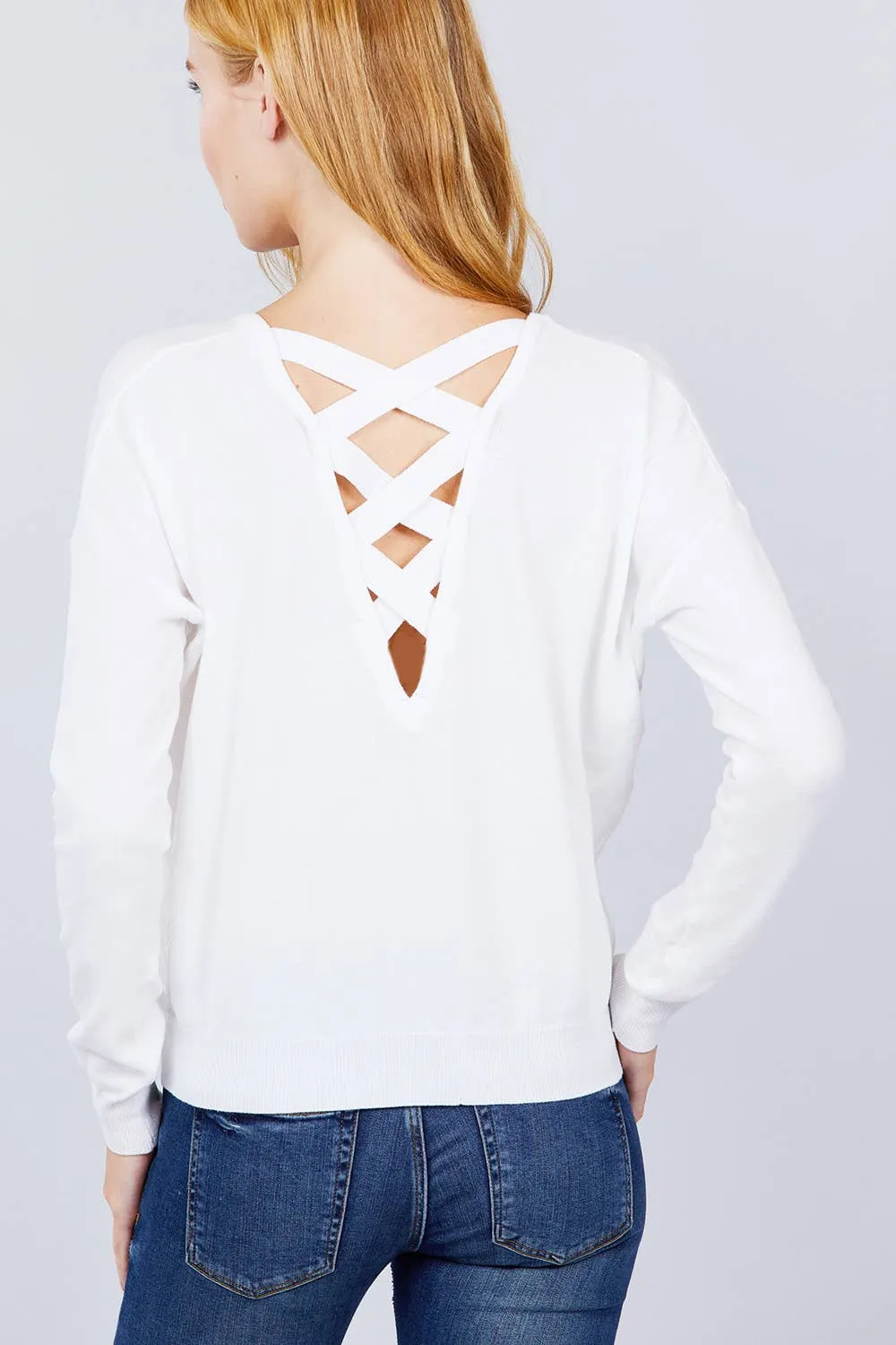 Long Sleeve V-neck Back Cross Strap Sweater