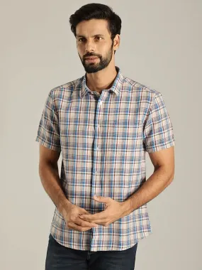 Men Checked Half Sleeve Linen Blend Shirt