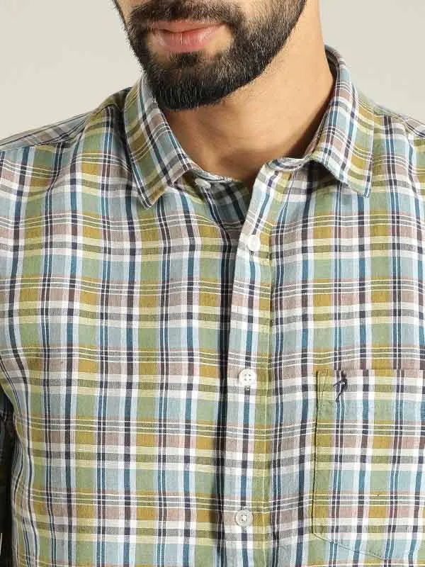 Men Checked Half Sleeve Linen Blend Shirt