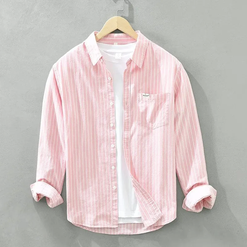 Men's Striped Cotton Long-Sleeve Casual Shirt – Breathable, Comfortable, British Style Outdoor Fashion