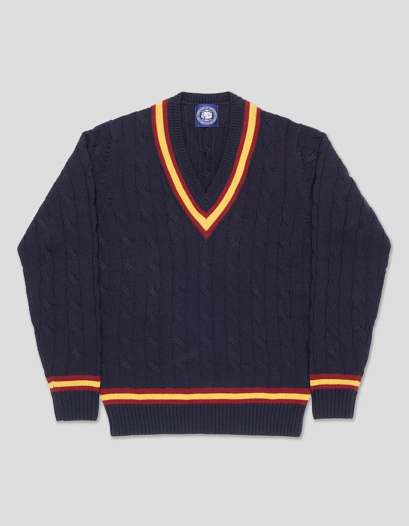 MERINO WOOL CRICKET CABLE V-NECK SWEATER - NAVY